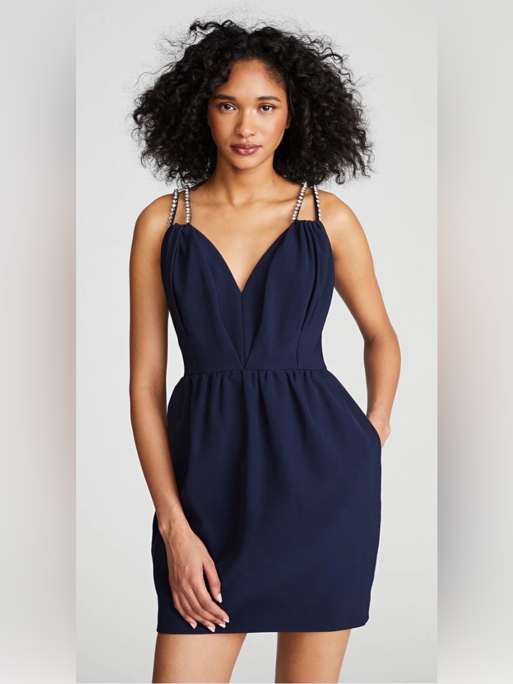 Halston Justine Dress Navy Crystal Strap Stretch Crepe Mini Cocktail NWT Size 4